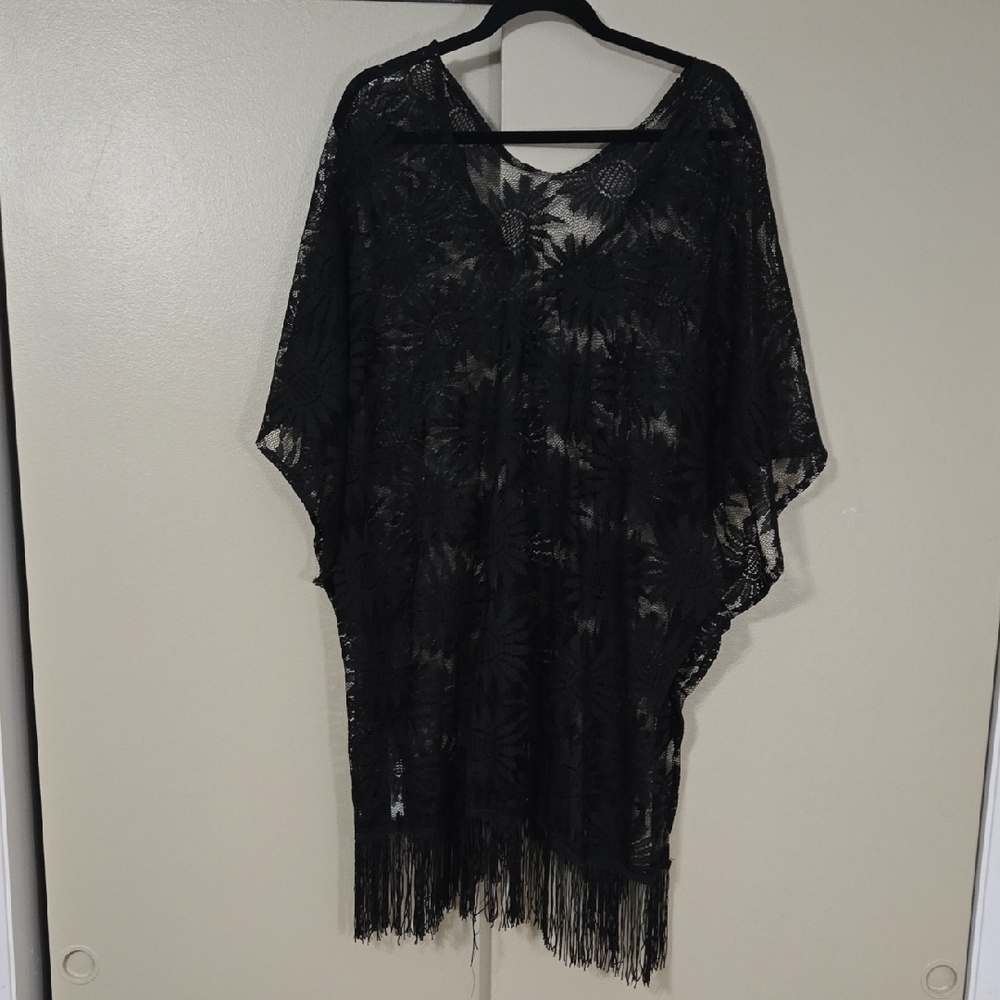 Cruise Club Black Lace Floral Fringe Kimono Cover-Up One Size New